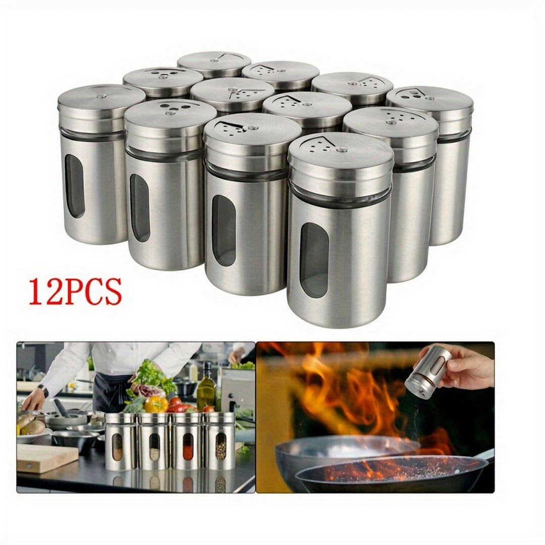 12pc Stainless Steel and Glass Spice Shakers - Premium Kitchen Essentials for Salt Pepper and MSG Modern Design for Image 2