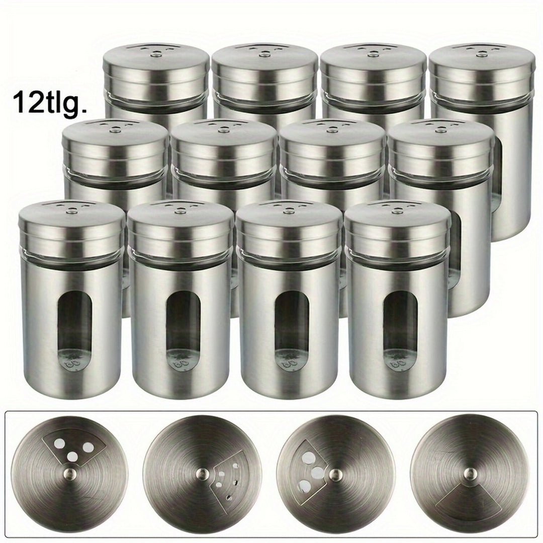 12pc Stainless Steel and Glass Spice Shakers - Premium Kitchen Essentials for Salt Pepper and MSG Modern Design for Image 1