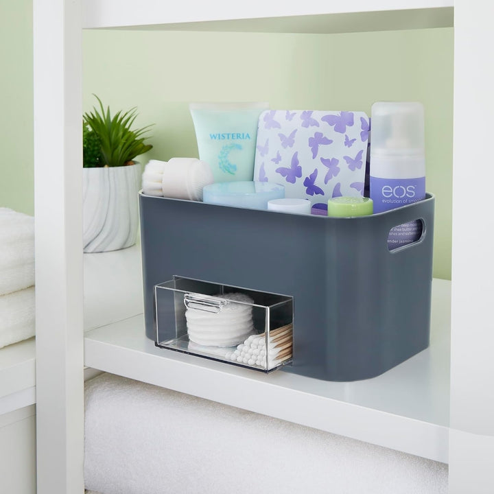 STORi Bliss 4-Compartment Plastic Vanity Organizer with Small Accessory Drawer in Grey Image 3