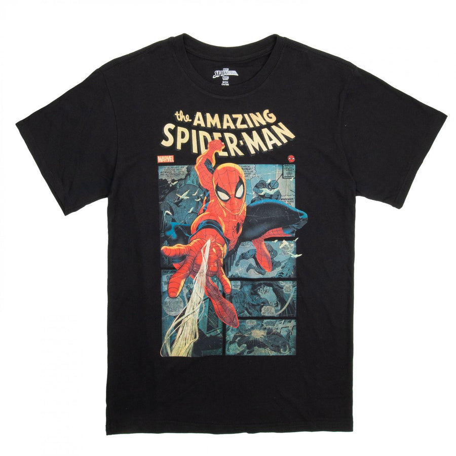 Spider-Man Swinging Through The Comic Panels T-Shirt Image 1