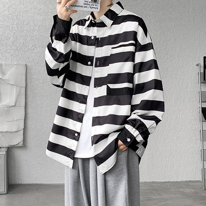 Mens Lapel Striped Long Sleeve Shirt Image 3