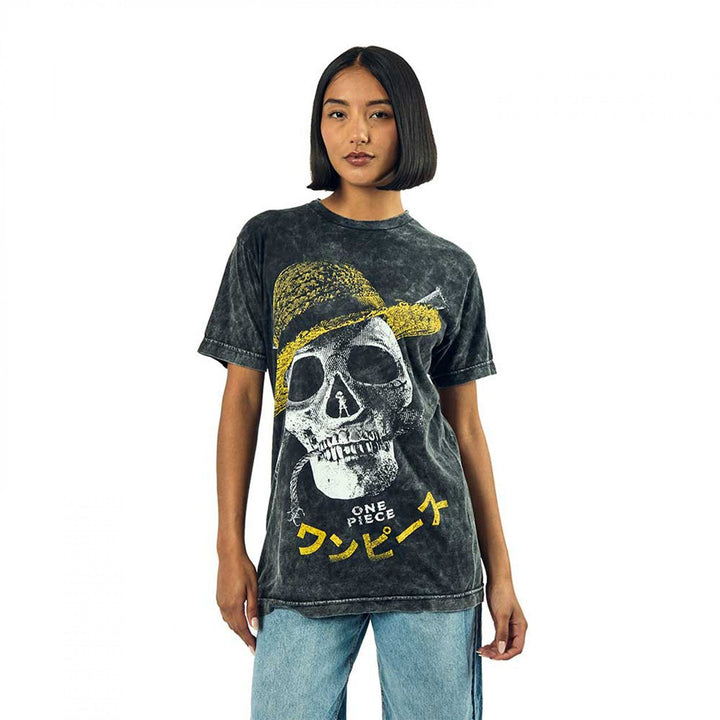 One Piece Straw Hat Skull Black Distressed T-Shirt Image 2