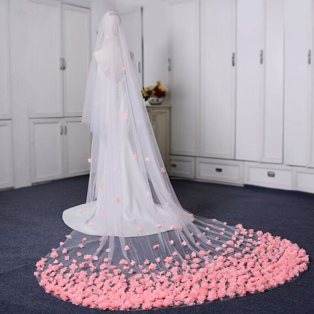 3D Flowers Wedding Long Veil,Two Layers Draped Bridal Veil Romantic Cathedral Veil Image 1