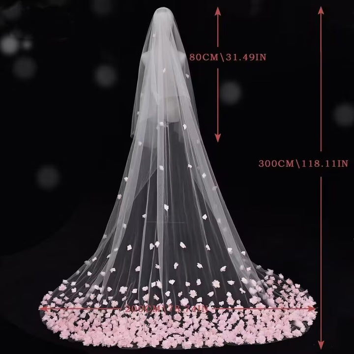 3D Flowers Wedding Long Veil,Two Layers Draped Bridal Veil Romantic Cathedral Veil Image 3