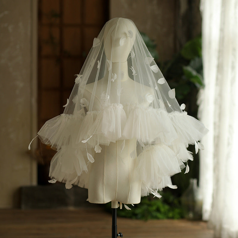 Korean Style Bridal Short Veil with Ostrich Feather,Ruffled Lace Trim Wedding Veil Image 1