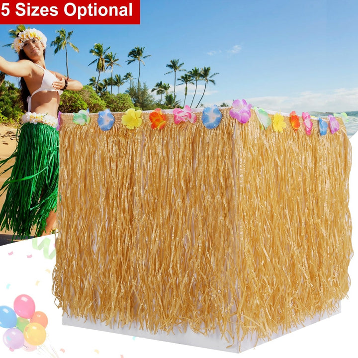 1M Grass Table Skirt Hawaiian Luau Party Decorations Supplies w/Hibiscus for Buffet BBQ Tiki Bar Beach Birthday Party Image 2