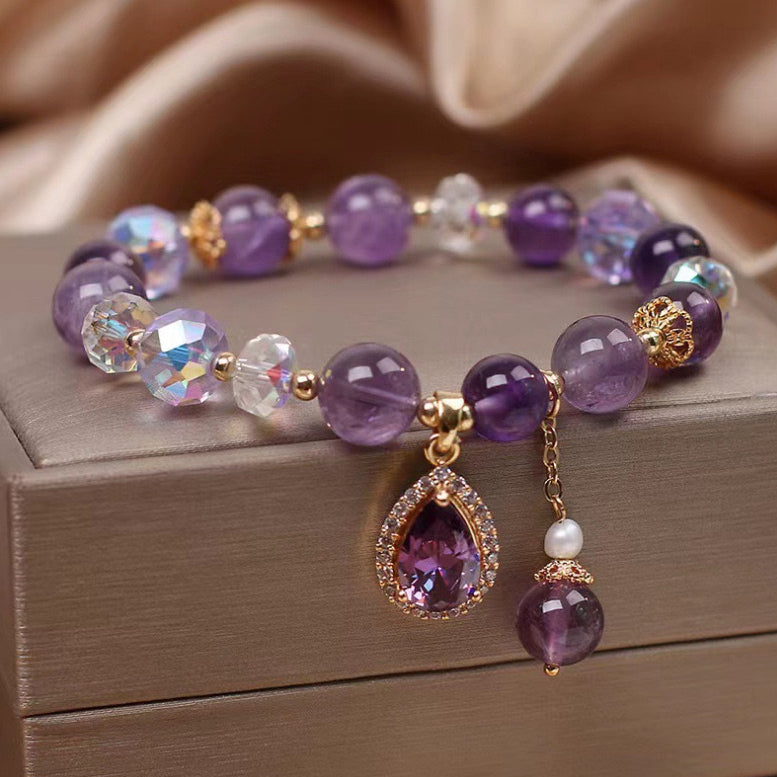 Amethyst Beaded Bracelet with Heart Pendant Lucky Healing Friendship Bracelet Image 1