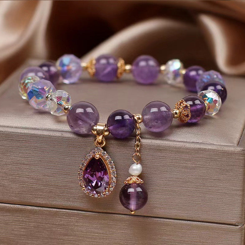 Amethyst Beaded Bracelet with Heart Pendant Lucky Healing Friendship Bracelet Image 2