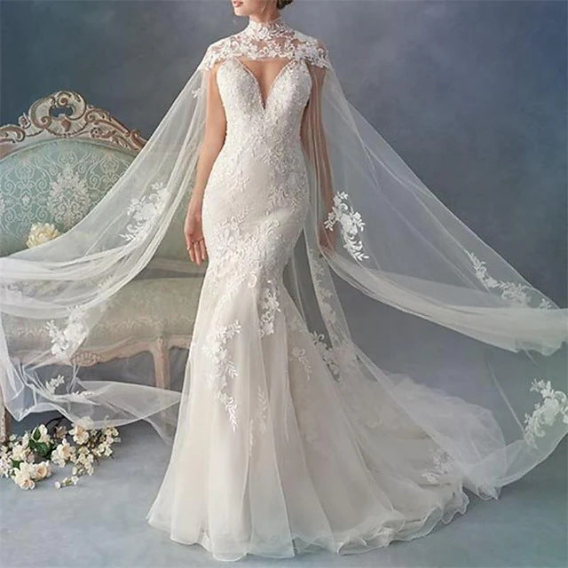 Lace Applique Wedding Cape Veil Long Train Bridal Veil,Soft Tulle Cathedral Shoulder Veil Image 1