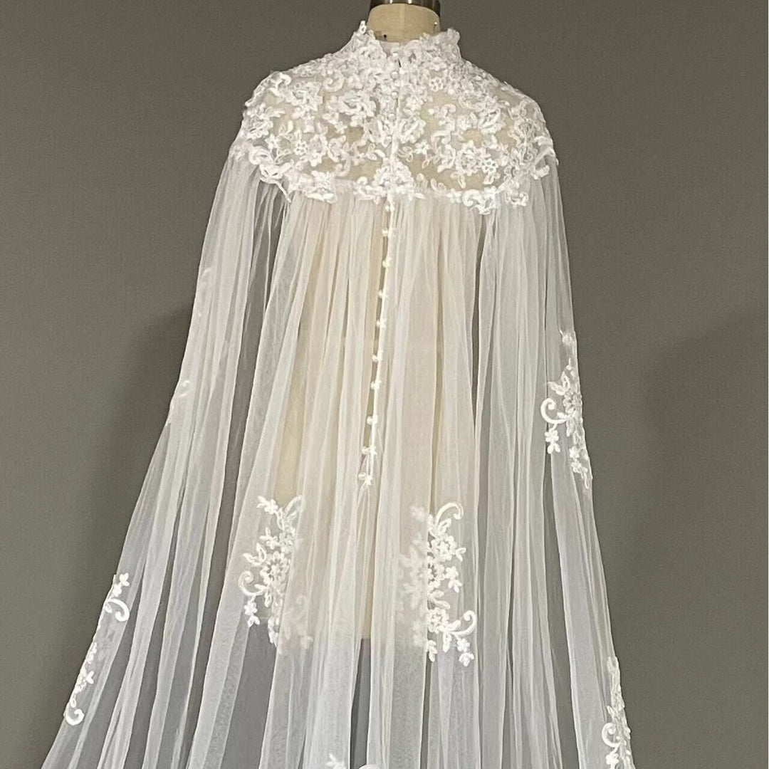 Lace Applique Wedding Cape Veil Long Train Bridal Veil,Soft Tulle Cathedral Shoulder Veil Image 2