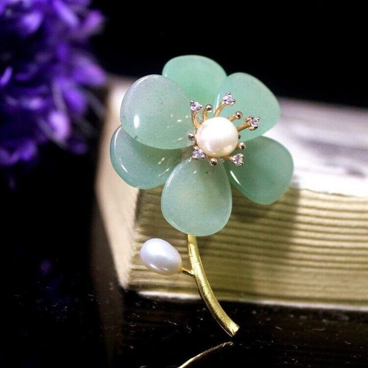 Green Jade Four Leaf Clover Brooch,Gemstone Flower Brooch for Women Image 1