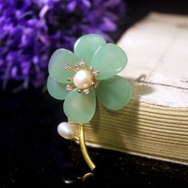 Green Jade Four Leaf Clover Brooch,Gemstone Flower Brooch for Women Image 3