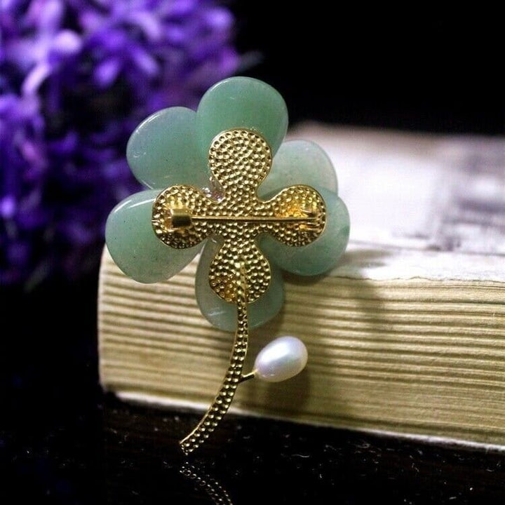 Green Jade Four Leaf Clover Brooch,Gemstone Flower Brooch for Women Image 4