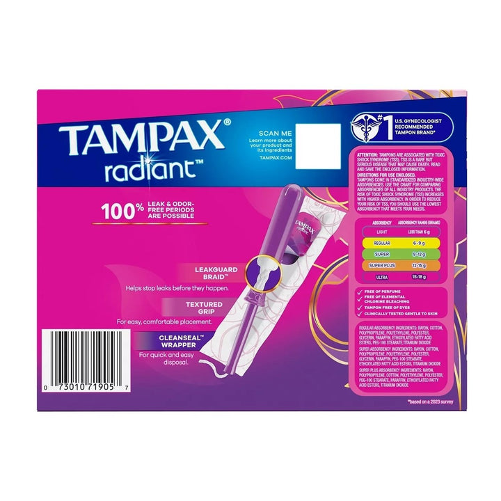 Tampax Radiant Tampons Trio Pack Unscented 77 Count Image 3