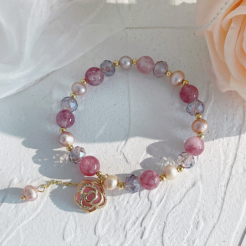 Purple Pearl Beads Bracelet with Flower Charm,Womens Elastic Bracelet,Christmas Image 2