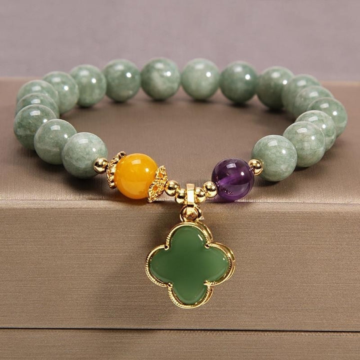 Natural Jade Green Beads Bracelet with Flower Charm,Women Gemstone Bracelet, Image 1