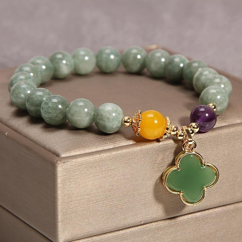 Natural Jade Green Beads Bracelet with Flower Charm,Women Gemstone Bracelet, Image 2