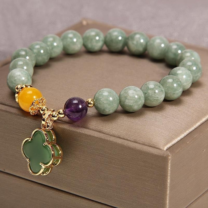 Natural Jade Green Beads Bracelet with Flower Charm,Women Gemstone Bracelet, Image 3