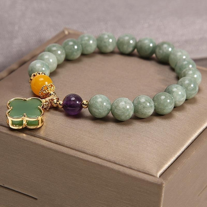 Natural Jade Green Beads Bracelet with Flower Charm,Women Gemstone Bracelet, Image 4