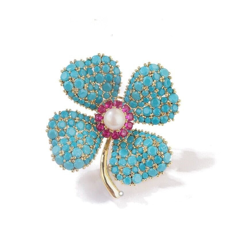 Blue Turquoise Four-leaf Clover Brooch Womens High-end Suit Coat Dress Pin Accessories, Image 1