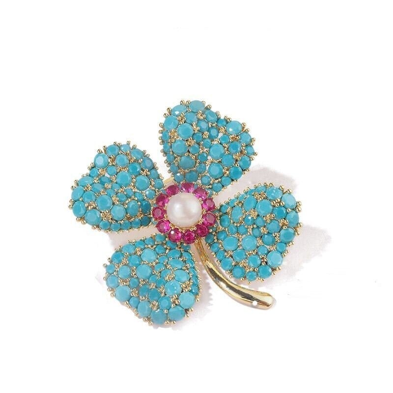 Blue Turquoise Four-leaf Clover Brooch Womens High-end Suit Coat Dress Pin Accessories, Image 2