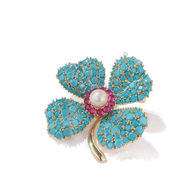 Blue Turquoise Four-leaf Clover Brooch Womens High-end Suit Coat Dress Pin Accessories, Image 3