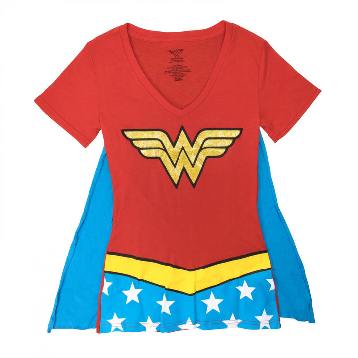 Wonder Woman Womens V-Neck Caped Costume T-Shirt Image 1