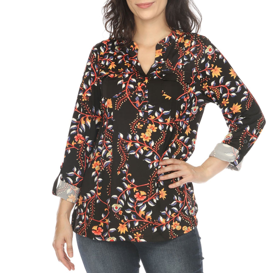 White Mark Womens Floral Button Front Tunic Top Image 1