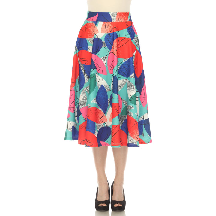 White Mark Womens Leaf Print Vintage Flared Midi Skirt Image 2