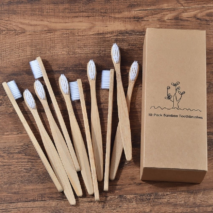 Pack of 10 Adults/Kids Natural Bamboo Wooden Toothbrushes Image 1