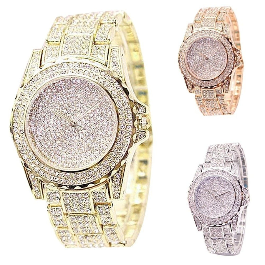 Luxury Crystal Wrist Watch for Women Diamond-Style Rhinestone Dial and Band Quartz Movement Available in Rose Gold Gold Image 1